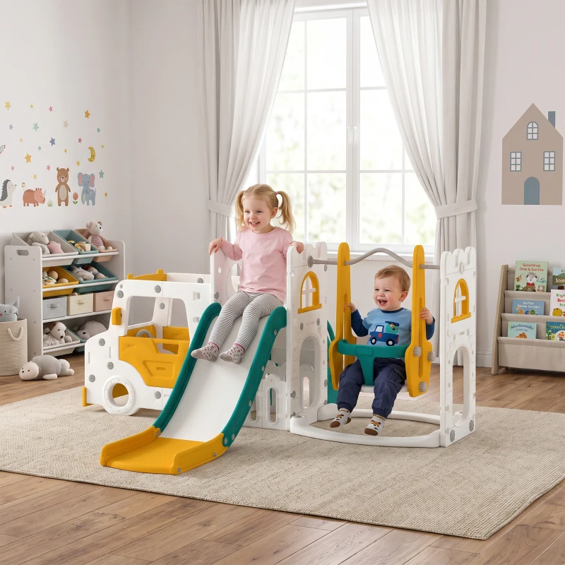 AIYAPLAY Columpio y Tobogán Parque Infantil 7 en 1 Tema de Coche Tobogán Largo Volante con Claxon Almacenaje 1-4 Años Blanco