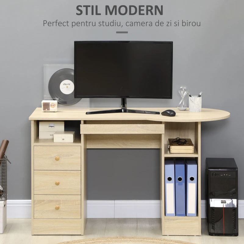 HOMCOM Birou PC pentru Birou cu Rafturi, Sertare si Polita Superioara din Lemn, 125x60x74 cm