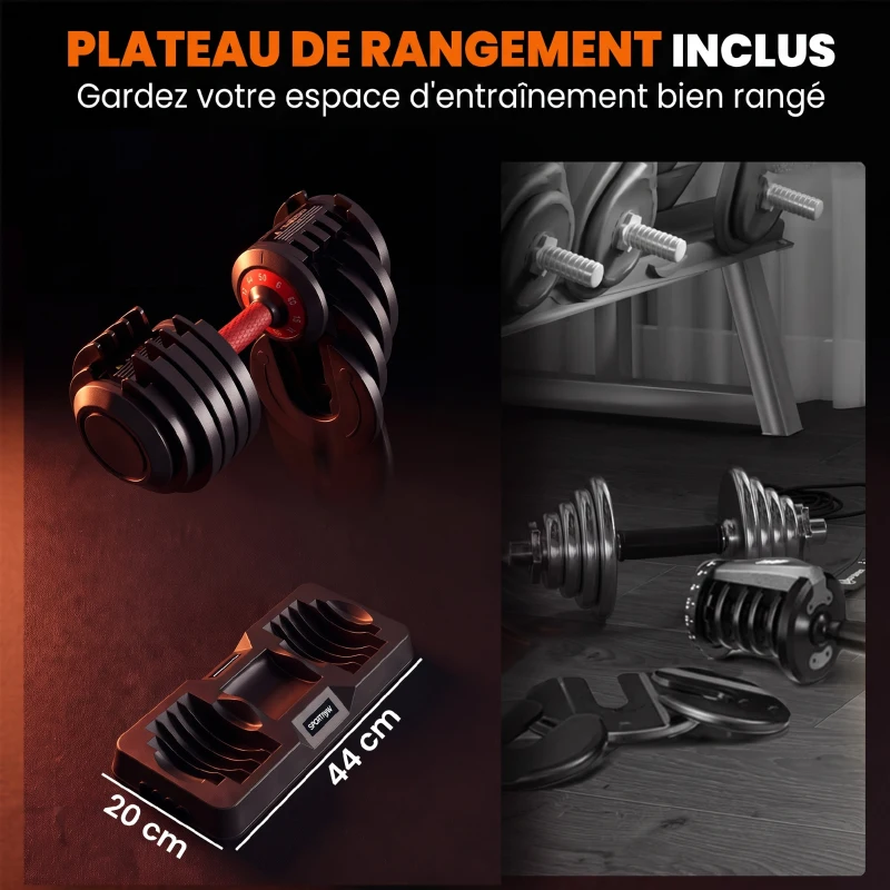 SPORTNOW Haltères Réglables 10 en 1, 2x24kg, Réglage Rapide, Verrou de Sécurité, Poignée Antidérapante, Bases de Rangement, Noir