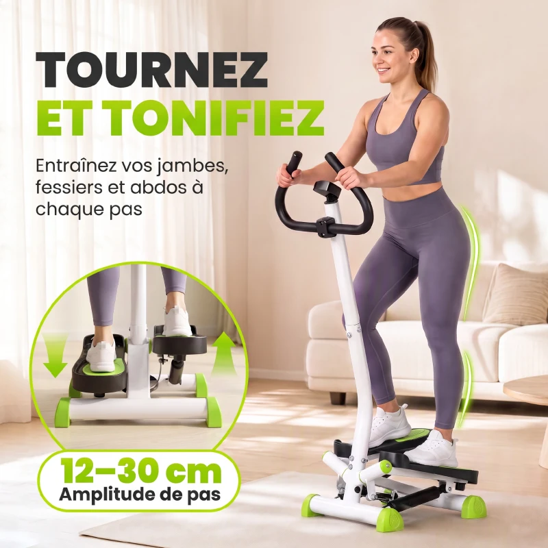 HOMCOM Stepper avec guidon stepper fitness appartement écran LCD résistance réglable exercise hanches jambes lombes pour maison acier blanc, vert, noir