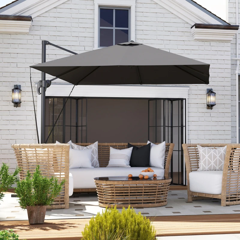 Outsunny Ombrellone da Giardino 2.5x2.5 m a Braccio, Girevole a 360° con Manovella e Base a Croce, Grigio Scuro