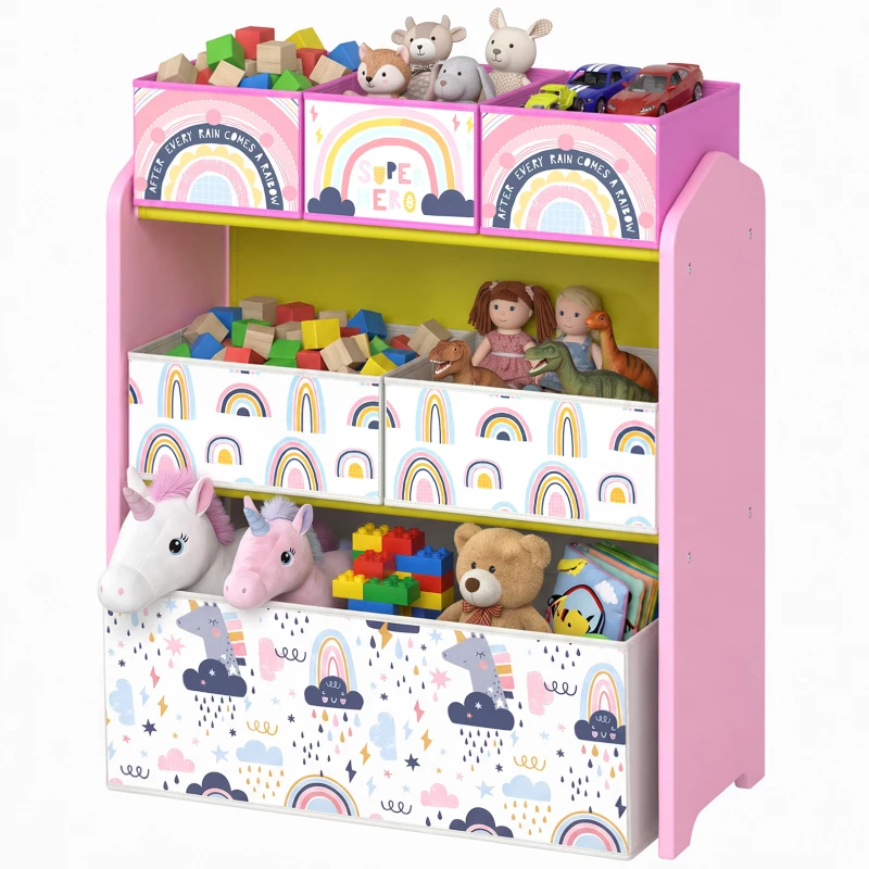 AIYAPLAY Toy Storage Organiser, 3-Tier Wooden Kids Toy Storage Rack with 6 Fabric Storage Bins for Bedroom, Kids Room, Pink