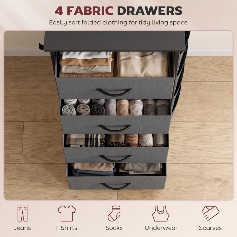 HOMCOM Chest of Drawers, Dresser with 4 Fabric Drawers, 4 Pockets, 2 Hooks and Steel Frame, Storage Unit, Grey