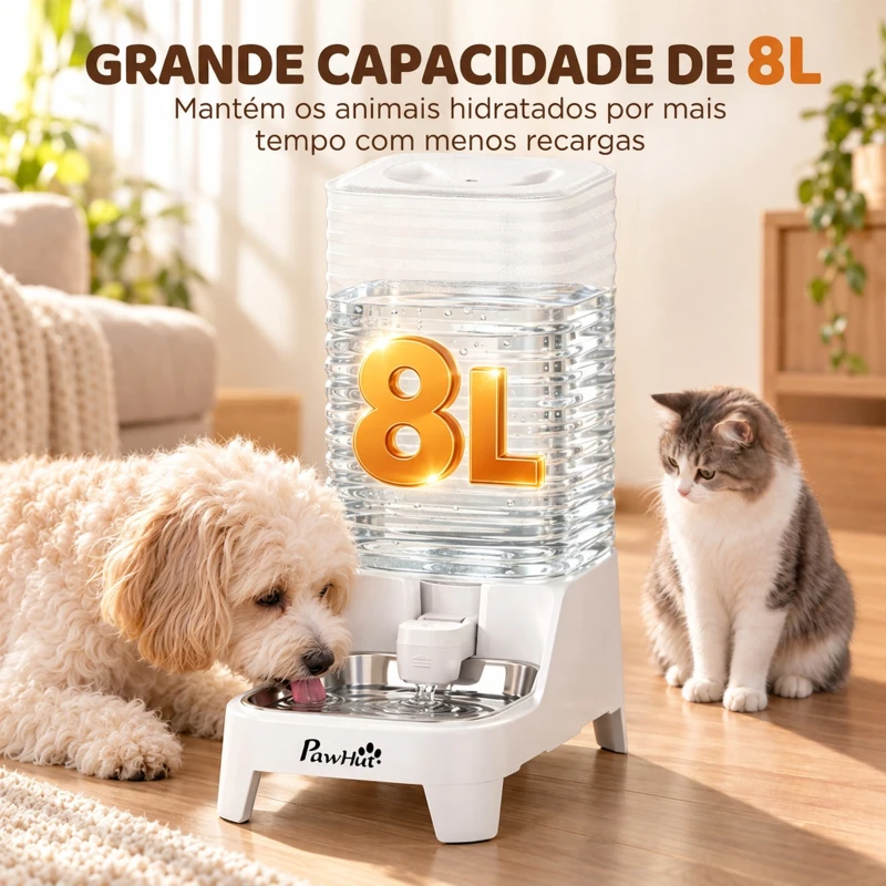 PawHut Dispensador Automático de Água por Gravidade 8 L para Cães e Gatos com Bico Rebatível e Tigela em Aço Inoxidável, Branco