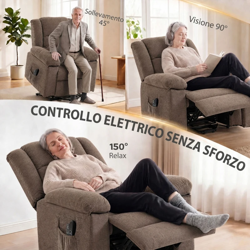 HOMCOM Poltrona Elettrica Alzapersona Reclinabile 150°, Massaggiante a 8 Punti e Riscaldata, Marrone