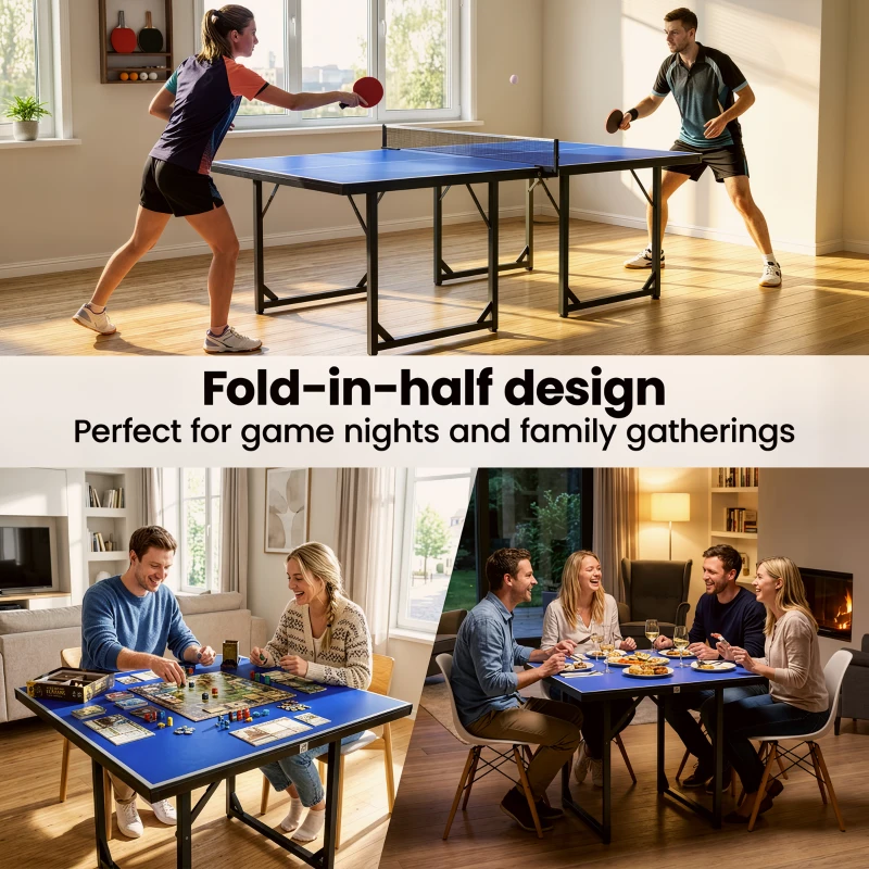 HOMCOM 6ft Table Tennis Table, Ping Pong Table with Net, Foldable and Portable Ping Pong Set for Indoor Use, Easy Assemble, Midsize, Blue