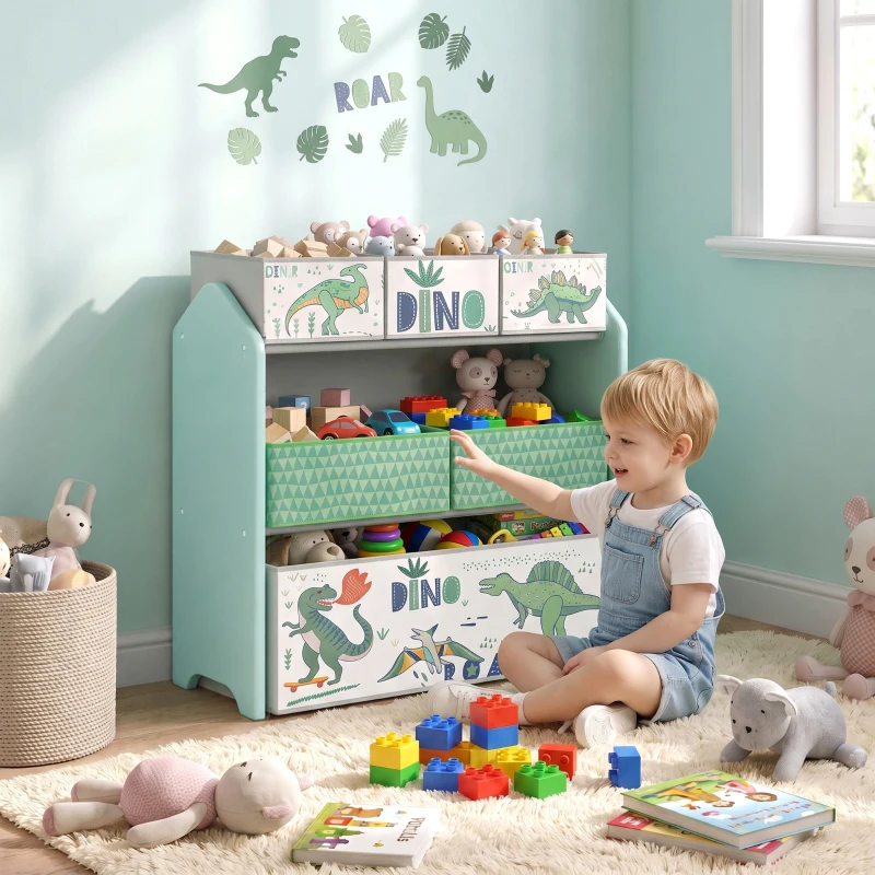 AIYAPLAY Toy Storage Organiser, 3-Tier Wooden Kids Toy Storage Rack with 6 Fabric Storage Bins for Bedroom, Kids Room, Green