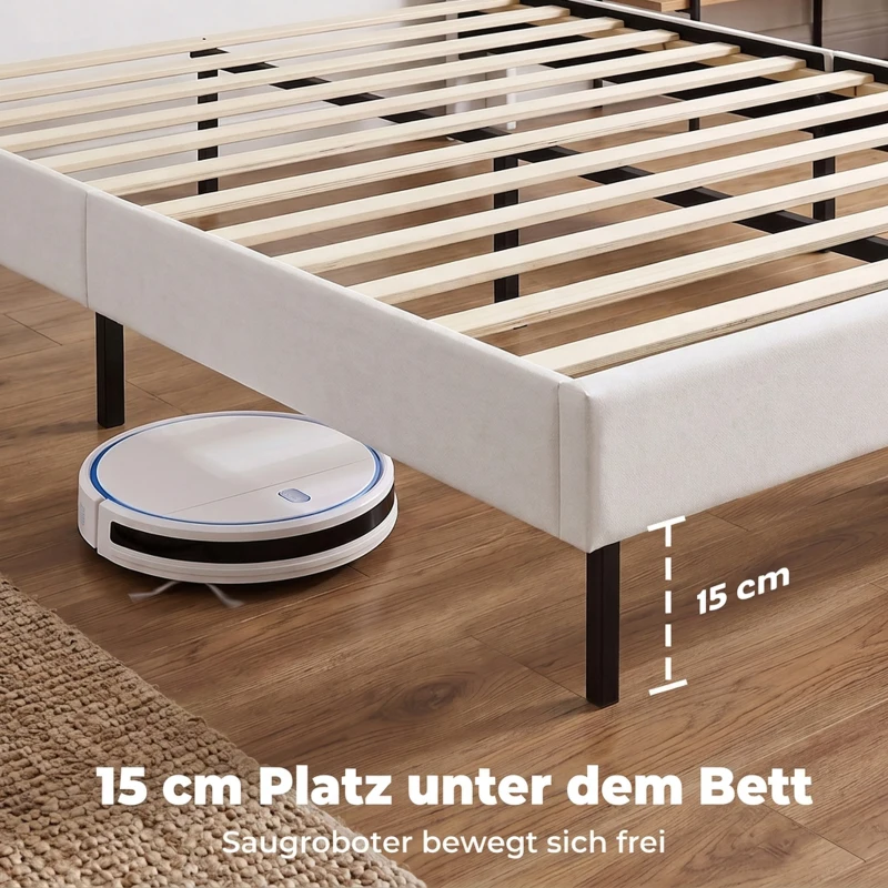 HOMCOM Bedframe 140 x 200 cm met verstelbaar hoofdbord, gestoffeerd bed met 12 latten, beige
