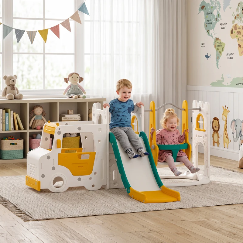 AIYAPLAY Ensemble Toboggan et Balançoire 7 en 1 pour Enfants, Aire de Jeux Intérieure, Thème Voiture, pour 1-4 Ans, Blanc