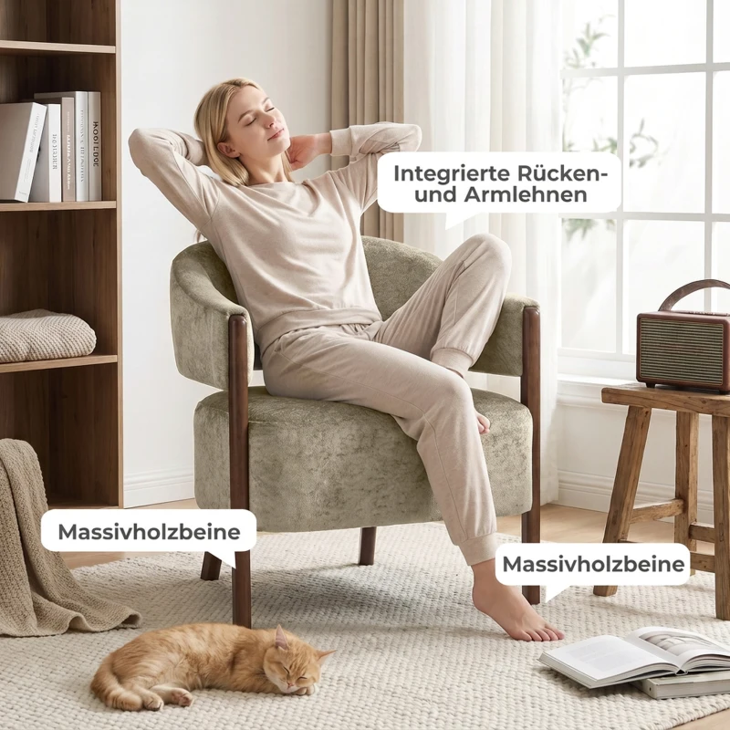 HOMCOM Akzentstuhl, Chenille-Polstersessel mit Massivholzrahmen und Beinen, Hellbraun