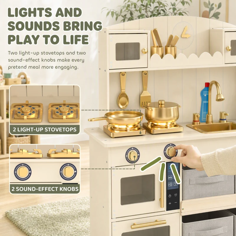 AIYAPLAY Kids Play Kitchen with Lights & Sounds, Pretend Play Toy set with 4 Fabric Drawers, 12-Piece Accessories for 3-6 Years