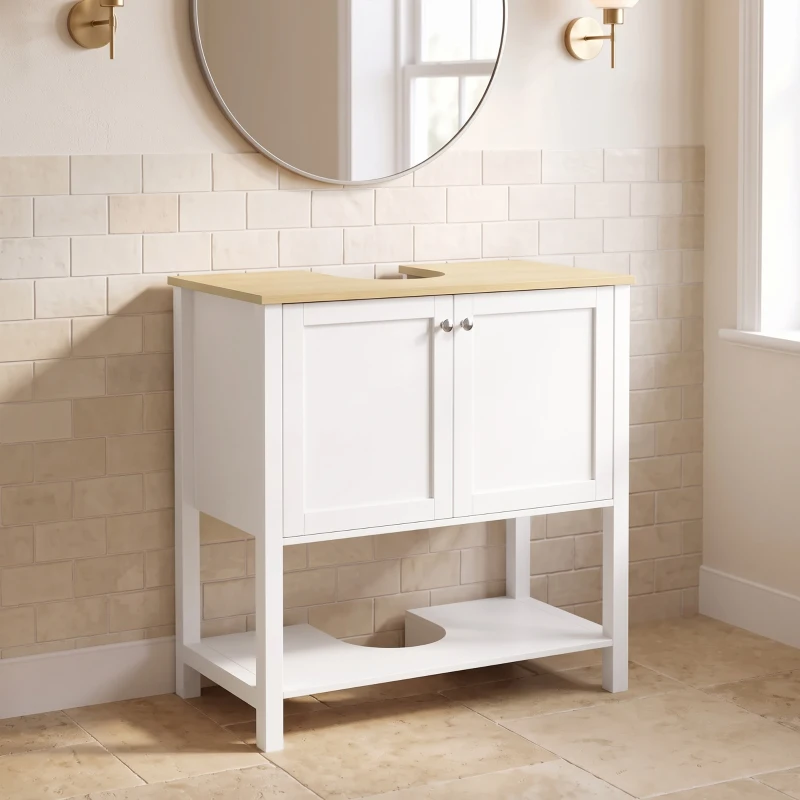 HOMCOM Corp sub lavoar, mobilier modern de baie cu 2 uși, poliță deschisă, decupaj în U, 80 x 40 x 80 cm, alb