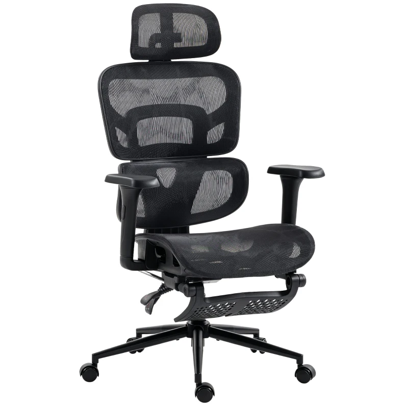 HOMCOM Sedia Ufficio Ergonomica Reclinabile Con Poggiapiedi E Supporto Lombare Nero