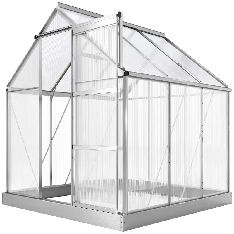 Outsunny 6 x 6ft Walk-In Greenhouse, Polycarbonate Greenhouse with Sliding Door, Window, Aluminium Frame, Foundation, Silver