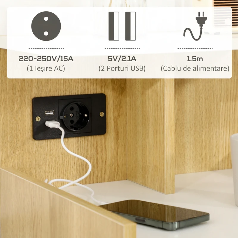HOMCOM Noptieră modernă cu 2 prize, 2 porturi USB și sertar din PAL, 40x40x60cm, culoare lemn