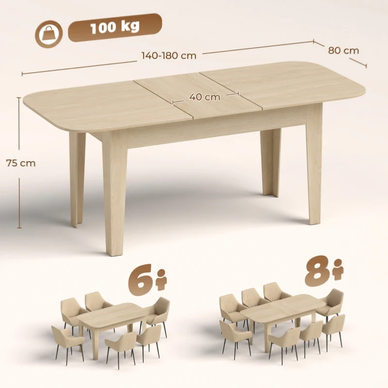 HOMCOM Masă living ovală pentru dining extensibilă, potrivită pentru 4 - 8 persoane, din PAL, 140-180 cm, stejar