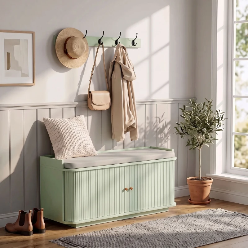 HOMCOM Hallway Storage Unit, Hallway Furniture Set with Shoe Storage Cabinet and 5 Hooks Coat Rack, Light Green