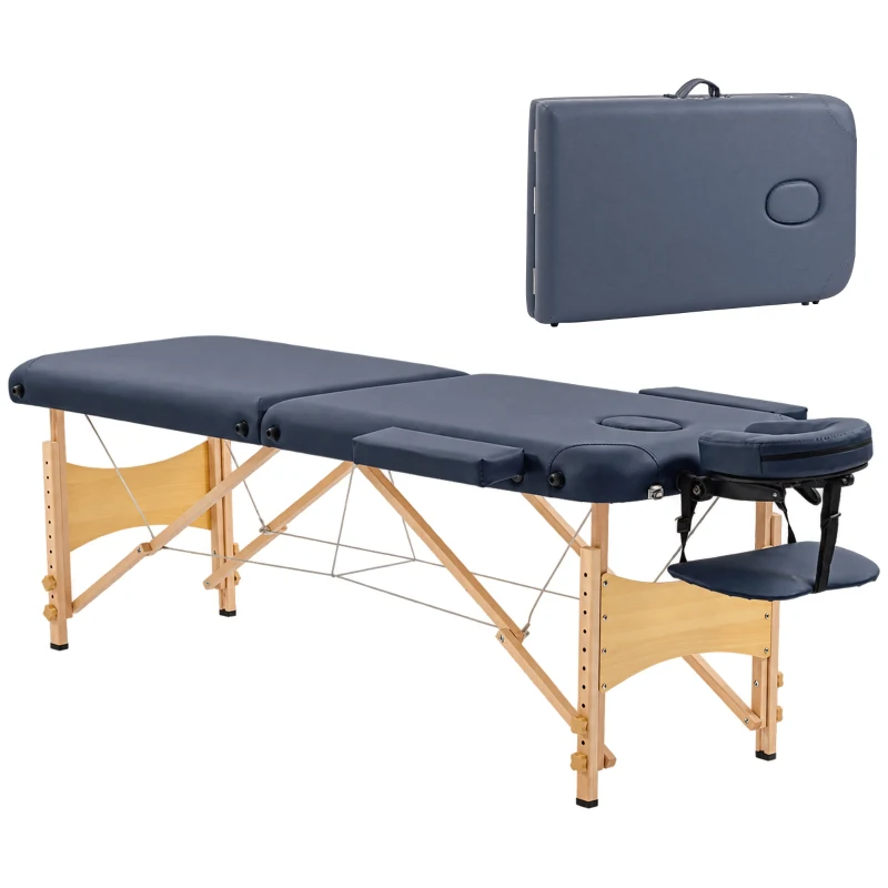HOMCOM Portable Massage Bed, Folding Spa Beauty Massage Table with 2 Sections, Carry Bag and Wooden Frame, Dark Blue