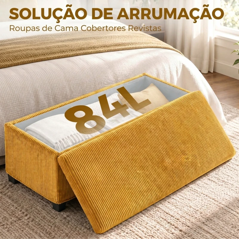 HOMCOM Banco com Arrumação 84 L 112x42x40 cm em Bombazina para Quarto e Sala Amarelo