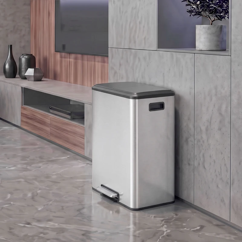 HOMCOM Pattumiera a Pedale 2 x 30 L in Acciaio Inox con Secchi Estraibili e Coperchio Soft-Close, Argento