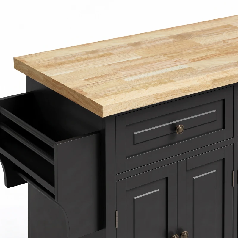 HOMCOM Ilha Central de Cozinha com Tampo em Hévea Carrinho de Cozinha com Rodízios e 2 Gavetas 111x44,5x82,5 cm Preto