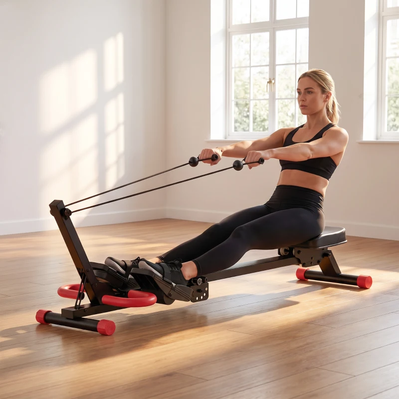 SPORTNOW Máquina de Remo Plegable 2 en 1 Entrenador Cintura Resistencia Ajustable Pantalla LCD Asiento Acolchado Carga 120 kg