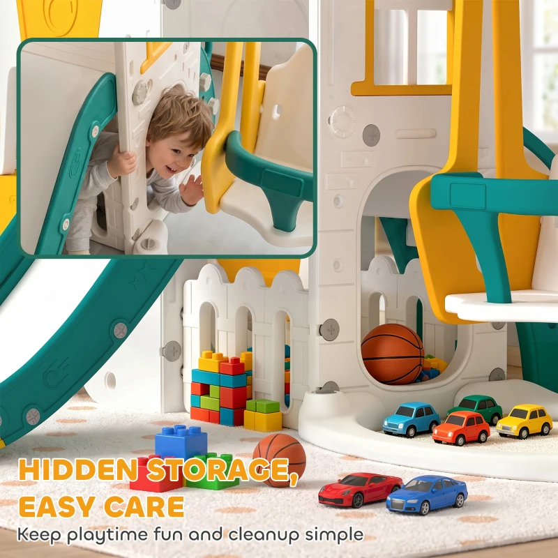 AIYAPLAY Ensemble Toboggan et Balançoire 7 en 1 pour Enfants, Aire de Jeux Intérieure, Thème Voiture, pour 1-4 Ans, Blanc