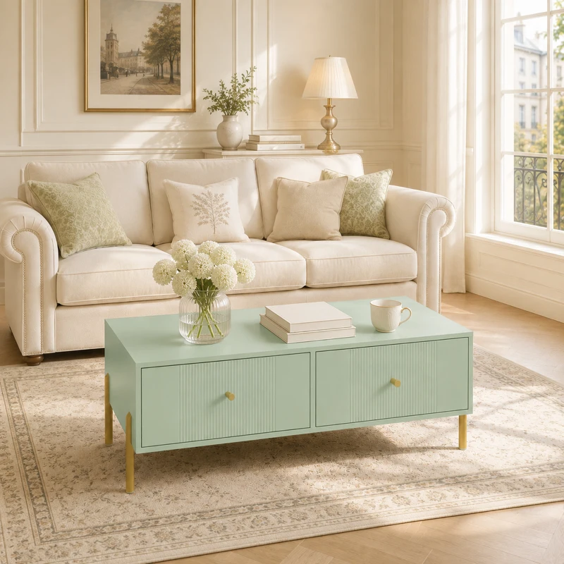 HOMCOM Modern Coffee Table, Living Room Table with Storage, 2 Drawers and Metal legs for Bedroom, Light Green