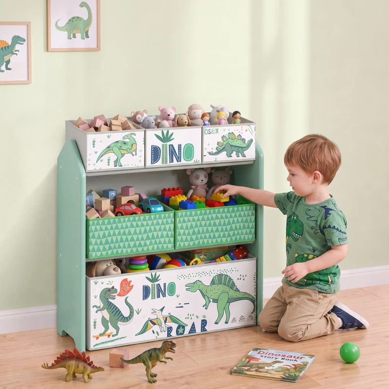 AIYAPLAY Toy Storage Organiser, 3-Tier Wooden Kids Toy Storage Rack with 6 Fabric Storage Bins for Bedroom, Kids Room, Green