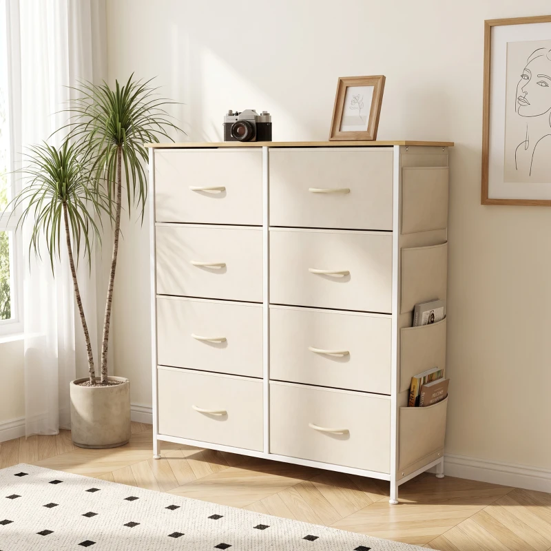HOMCOM Cómoda de Quarto com 8 Gavetas em Tecido, Bege