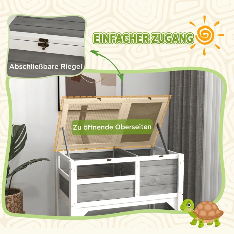PawHut Houten schildpaddenhuis met opbergplank, lampenhouder, acrylvenster, klapdak en uitneembare bak