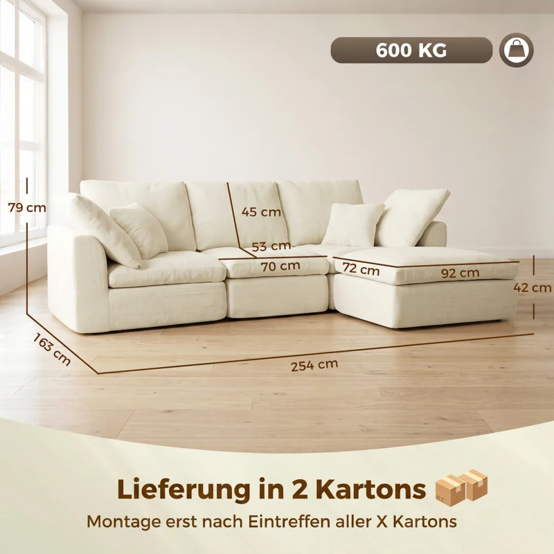 HOMCOM Modulares Ecksofa mit wendbarer Ottomane, wolkenweiches Chenille-Sofa in L-Form, breite Sitzfläche, cremeweiß