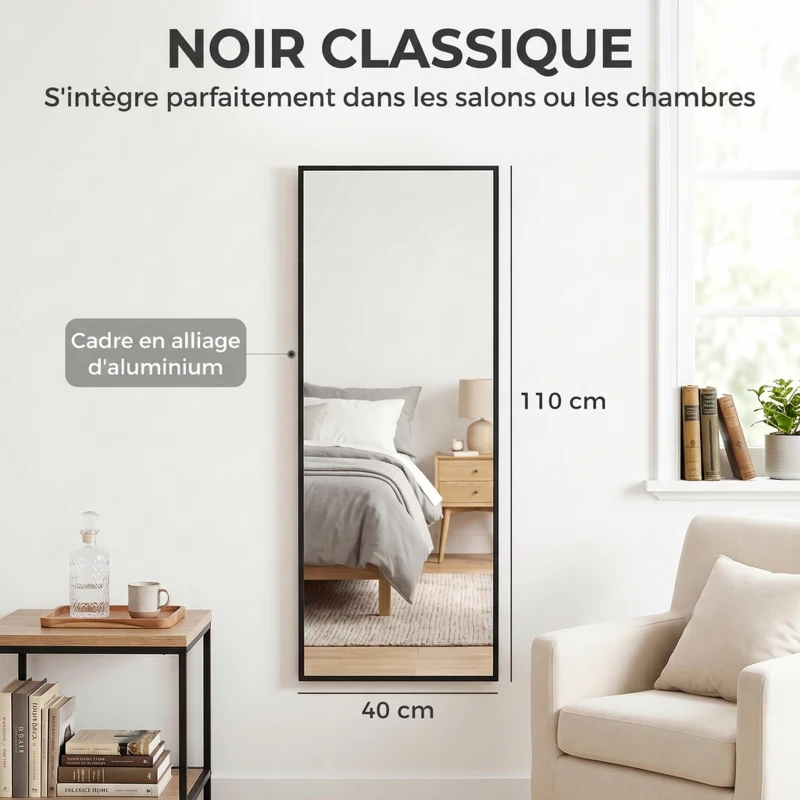 HOMCOM Miroir Mural Rectangulaire 110 x 40 cm, Crochets, Hauteurs Réglables, Verre Trempé, Cadre en Alliage d'Aluminium, Noir