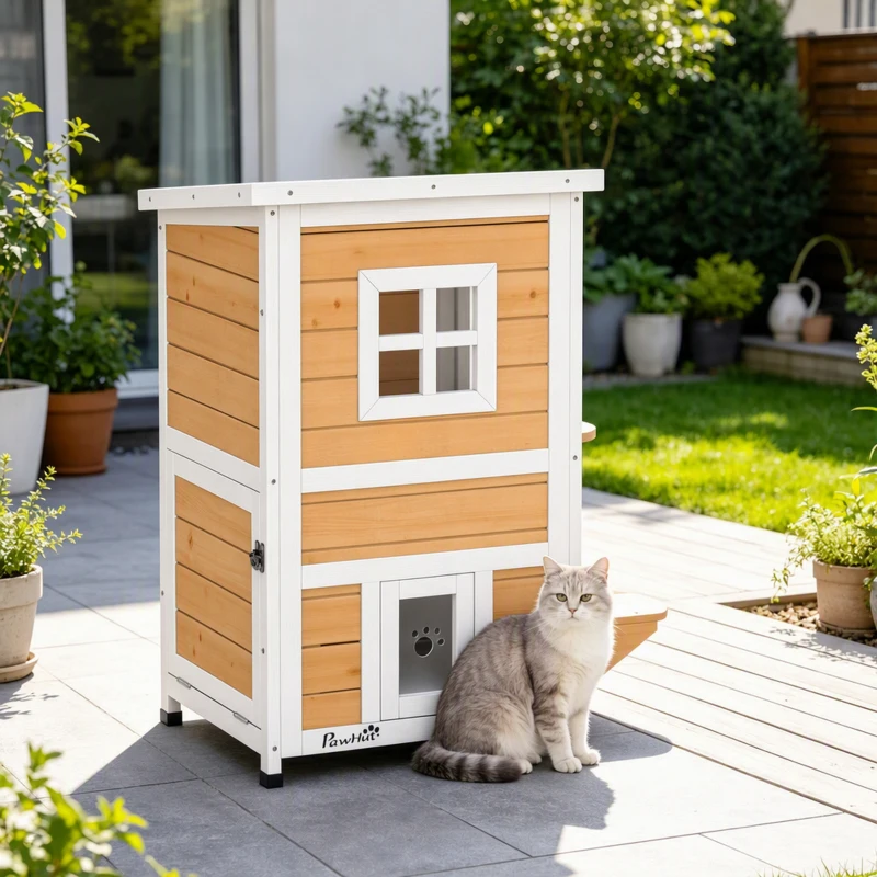 PawHut Caseta para Gatos de Madera Exterior de 2 Niveles con Techo Abatible Panel Central Extraíble 51x51x81,3 cm Natural
