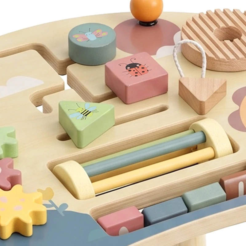 AIYAPLAY Wooden Baby Activity Table for 1-3 Years, 6-in-1 Montessori Activity Table with Gears, Bead Maze, Rotating Clock