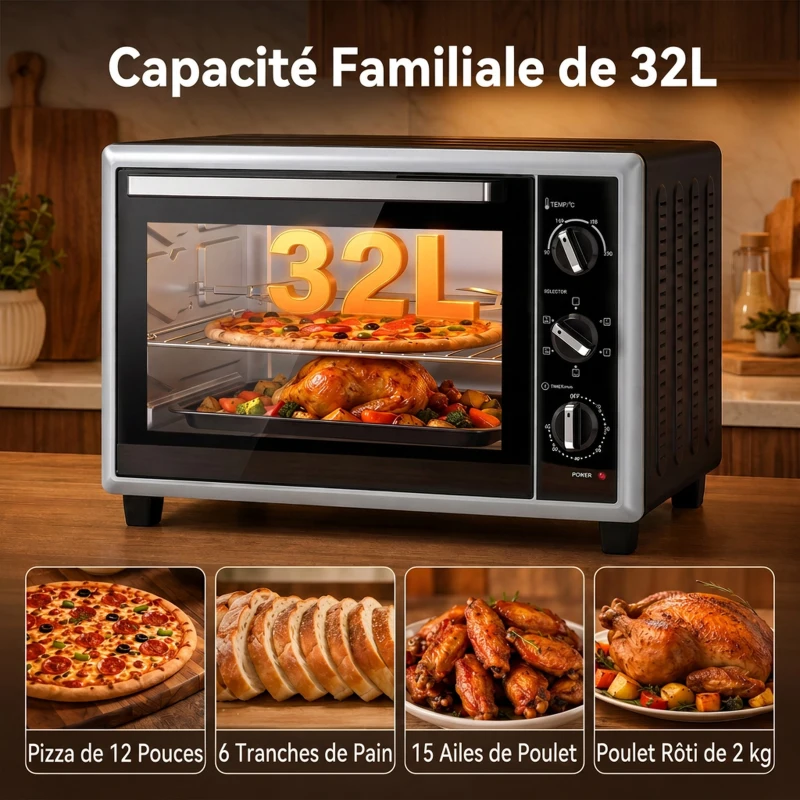 HOMCOM Mini-Four Électrique avec Broche Rotative 32L 1500W, Four à Convection Multifonction, Chaleur Tournante, Minuterie, Noir