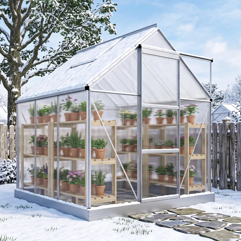 Outsunny 6 x 6ft Walk-In Greenhouse, Polycarbonate Greenhouse with Sliding Door, Window, Aluminium Frame, Foundation, Silver