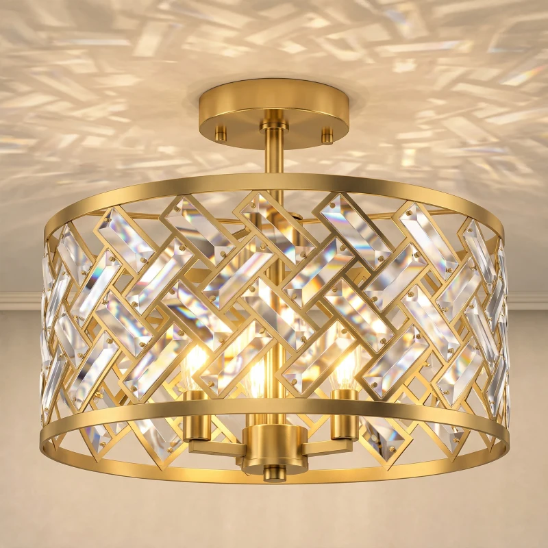 HOMCOM 3-Light Crystal Glass Ceiling Light, Modern Ceiling Lamp w/ 3 E14 Sockets for Living Room, Bulb Not Included, Gold Tone