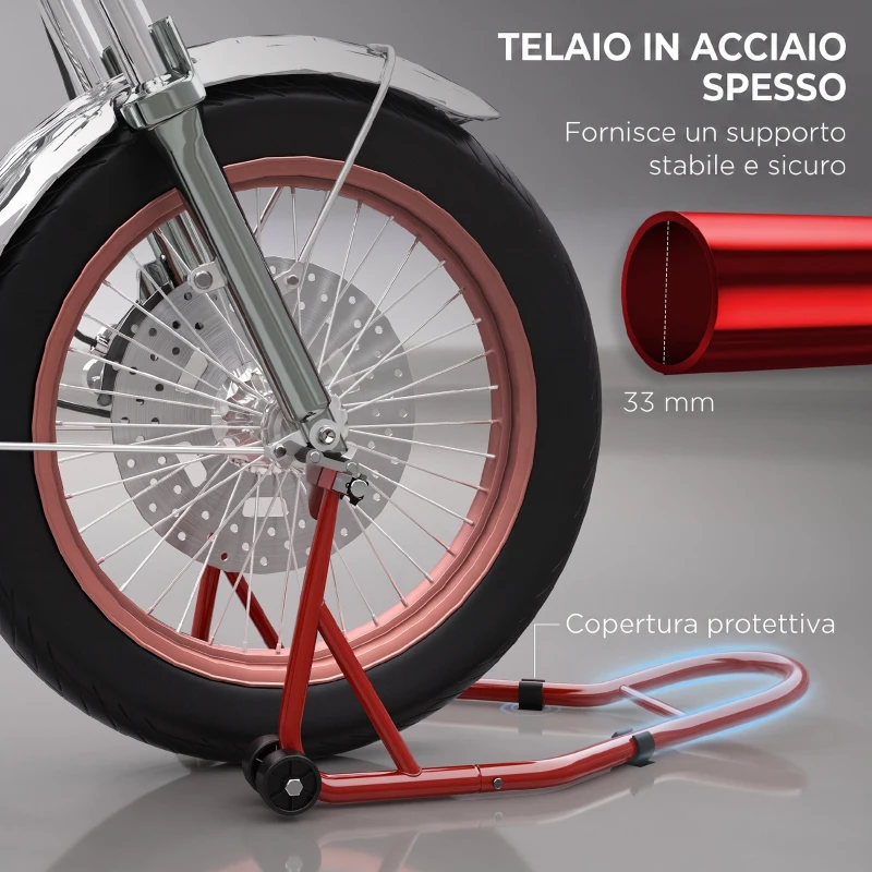 HOMCOM Cavalletto Anteriore per Moto con Tappetino Antiscivolo, Adattatori Regolabili per Perni e Perno a Forchetta, Capacità 200 kg, per Pneumatici da 18", 17" e 10"
