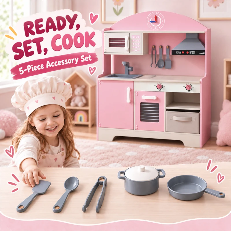 AIYAPLAY Kids Play Kitchen with Lights & Sounds, Pretend Play Toy set with Fabric Drawer, 5-Piece Accessories for 3-6 Years, Pink