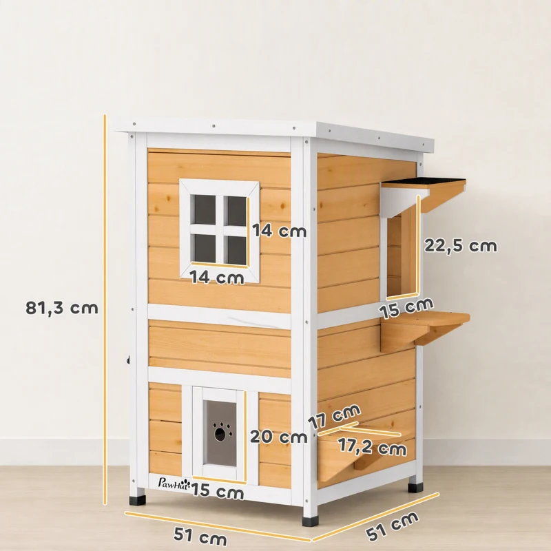 PawHut Caseta para Gatos de Madera Exterior de 2 Niveles con Techo Abatible Panel Central Extraíble 51x51x81,3 cm Natural