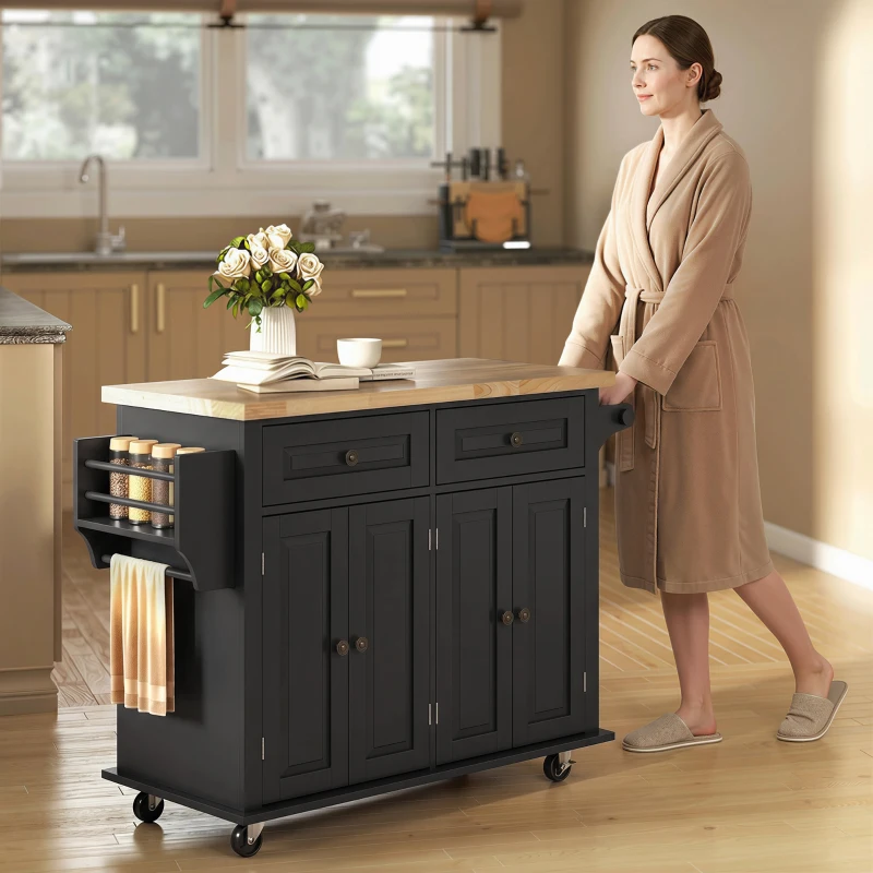 HOMCOM Ilha Central de Cozinha com Tampo em Hévea Carrinho de Cozinha com Rodízios e 2 Gavetas 111x44,5x82,5 cm Preto
