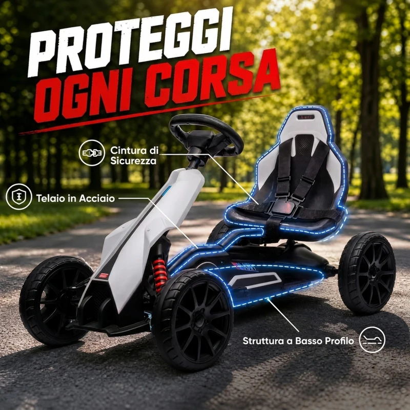 HOMCOM Go Kart Elettrico per Bambini 3-8 Anni, 12V 3-5 km/h, con Cintura di Sicurezza, Capacità 30 kg, Bianco