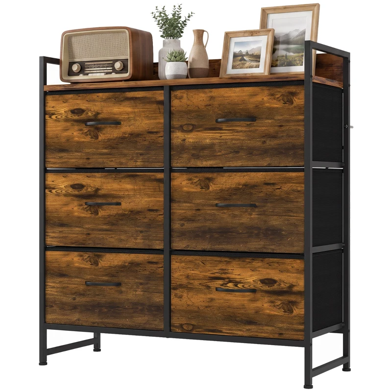 HOMCOM Cómoda de Quarto com 6 Gavetas e Tampo de Madeira / Castanho e Preto