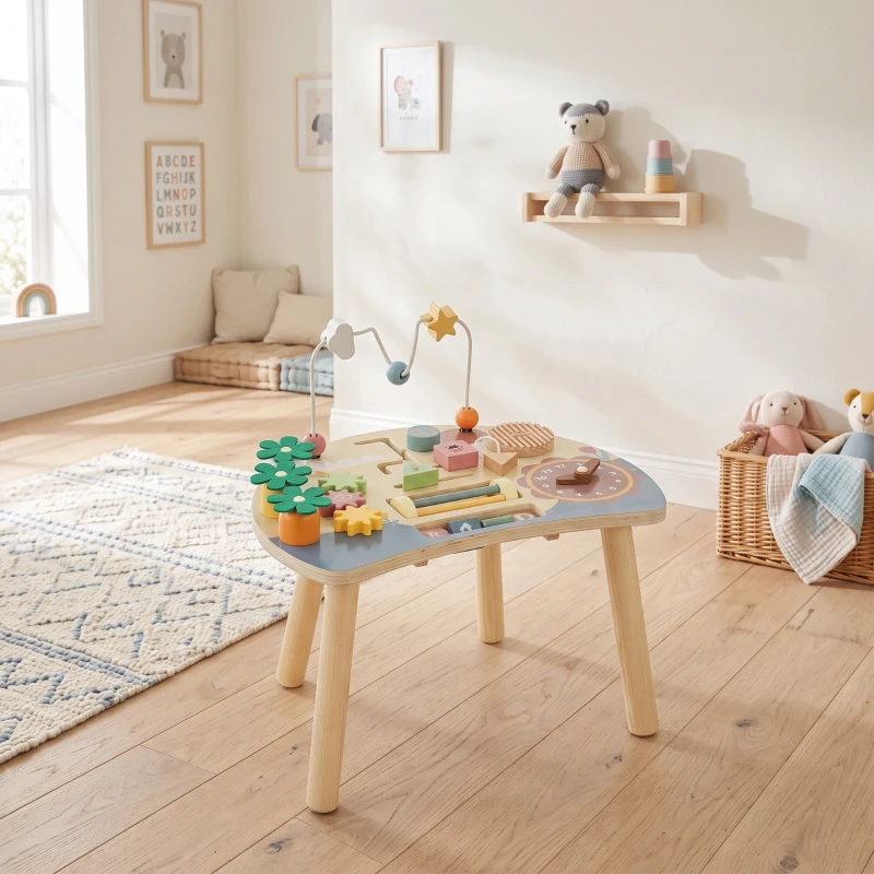 AIYAPLAY Wooden Baby Activity Table for 1-3 Years, 6-in-1 Montessori Activity Table with Gears, Bead Maze, Rotating Clock