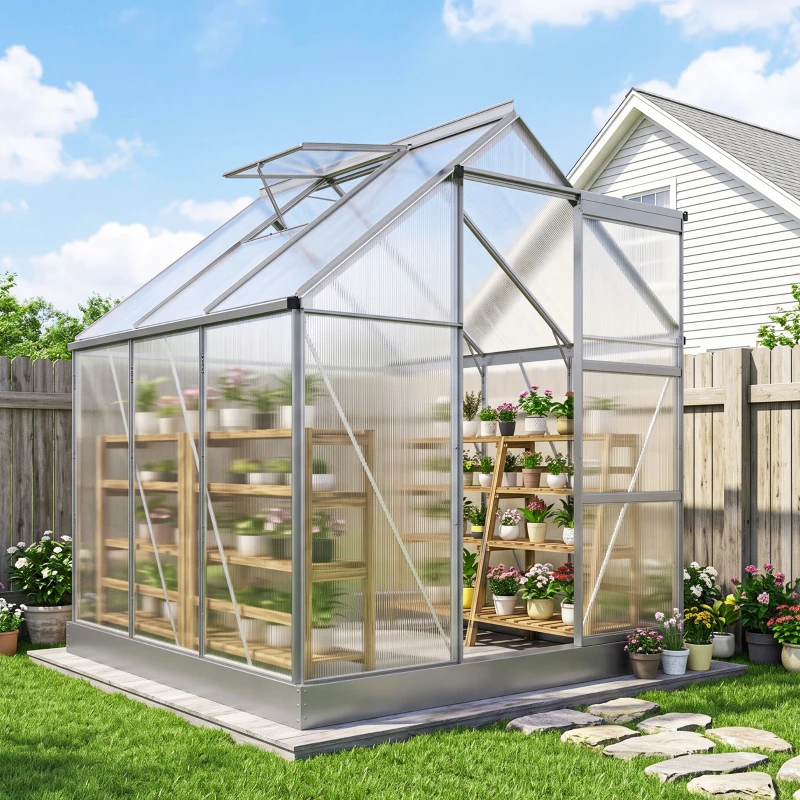 Outsunny 6 x 6ft Walk-In Greenhouse, Polycarbonate Greenhouse with Sliding Door, Window, Aluminium Frame, Foundation, Silver