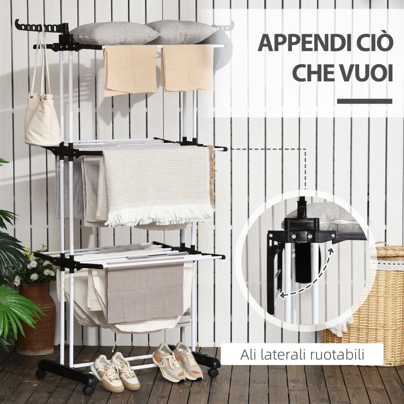 HOMCOM Stendibiancheria Pieghevole a 4 Livelli con Ali Girevoli e 4 Ruote, in Acciaio e PP, 73x64x177 cm, Nero