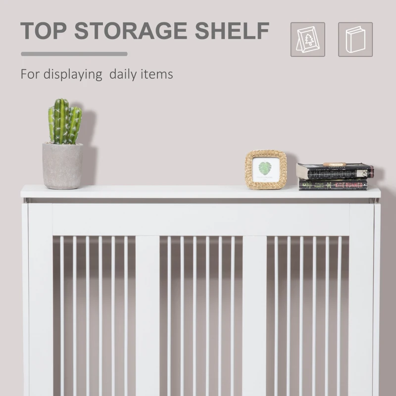 HOMCOM Radiator Cover Vertical Slatted Grille Heater Cover Top Shelf MDF Steel for Heat Circulation 90 x 18 x 84 cm White