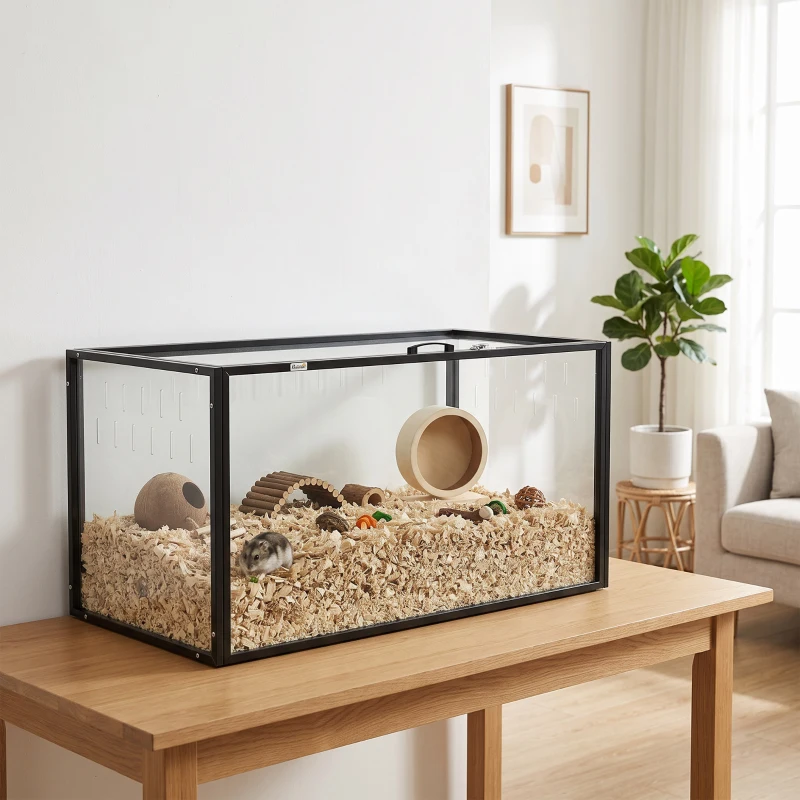 PawHut Jaula para Hámster Hábitat de Roedores Transparente con Vista Panorámica 360° Antimordiscos 105x51x51cm Negro
