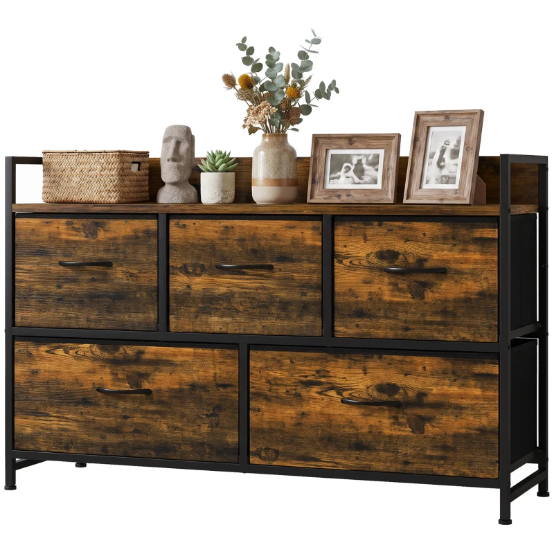 HOMCOM Cómoda de Quarto com 5 Gavetas, Cómoda em Tecido com Tampo de Madeira, Castanho e Preto